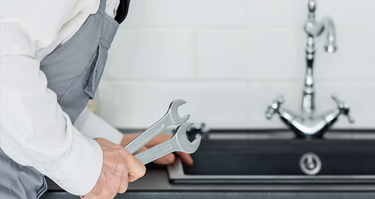Plumber with wrenches inspecting a sink.