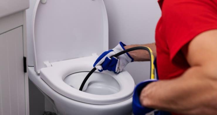Plumber cleaning out the drain of a toilet.